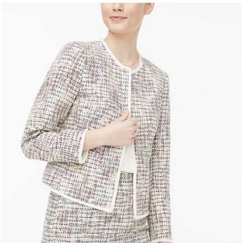 NWOT J.CREW Lady Jacket Rainbow Tweed Fringe Trim Blazer Jacket Sz 00 Multicolor